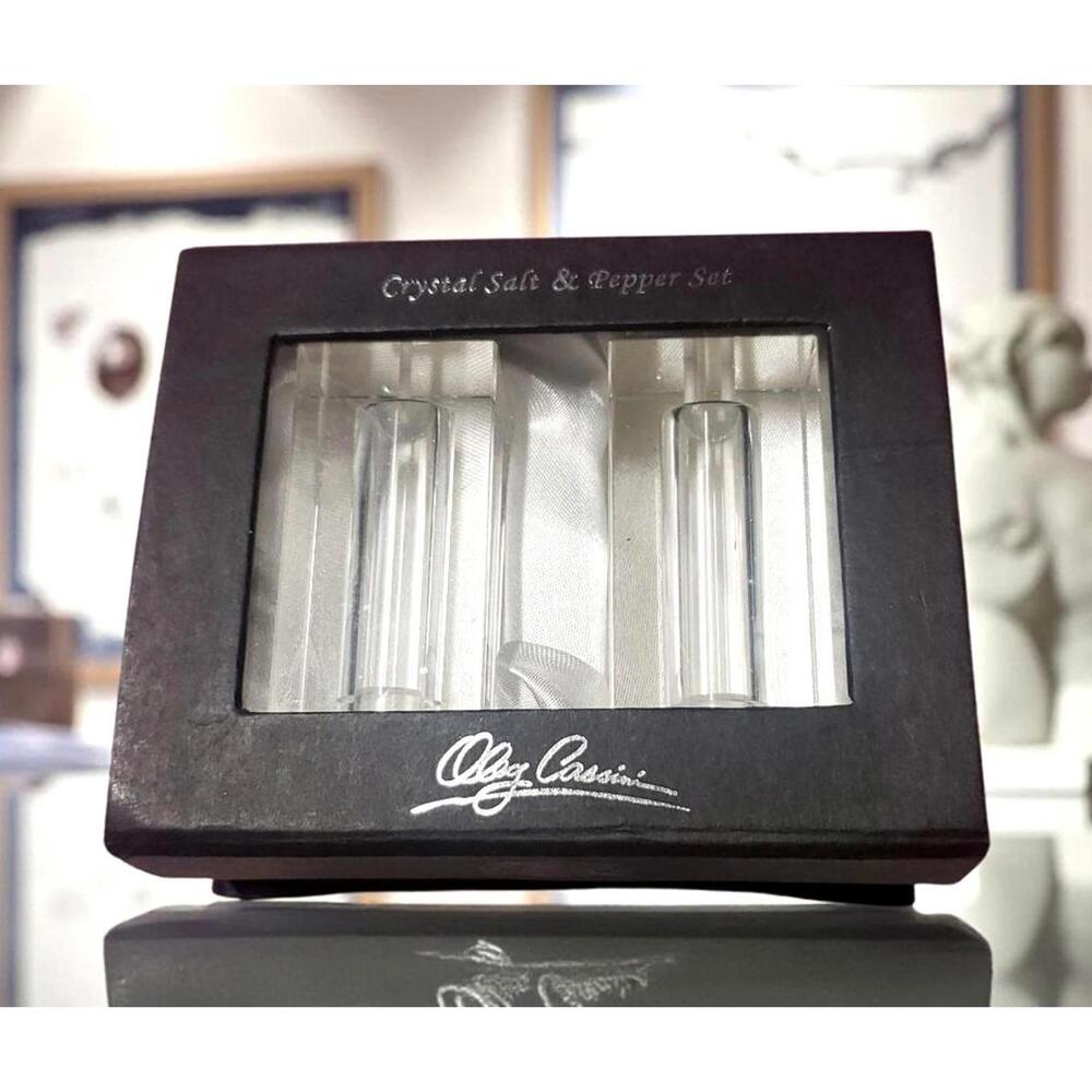 Oleg Cassini Crystal Salt & Pepper Set, New Open Box, Elegant Designer Tableware